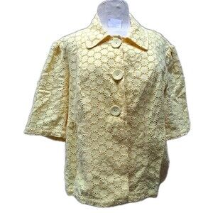 Style & Co. 100% Linen Lace Blazer Top Yellow Floral Print Blouse Eyelet